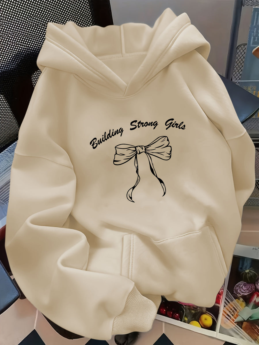 Women's Oversized Hooded Sweatshirt with Bow & Letter ' Print - Cozy Loose-Fit Sweater, Medium-Stretch Fabric, Machine Washable, Spring/Autumn Casual Wear (Year-Round) - Bow & Letter ' Design for Layering, Loose Sweater - Apricot