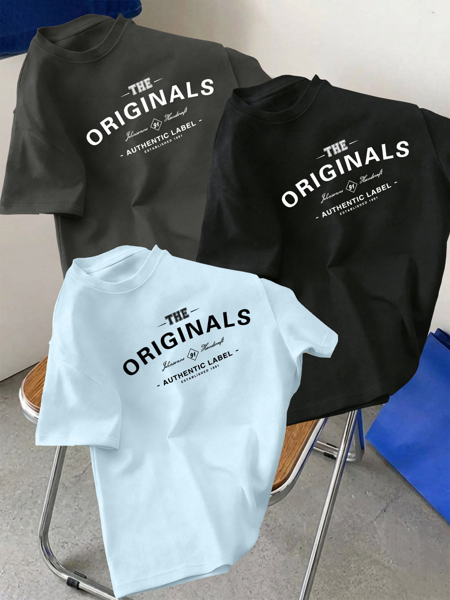 3pcs Set Men's Pure Cotton Short-Sleeve Crew Neck T-Shirt with Letter Print Pattern, Casual, Comfortable, Soft, Breathable, Essential for Summer - Light Blue + Black + Dark Gray