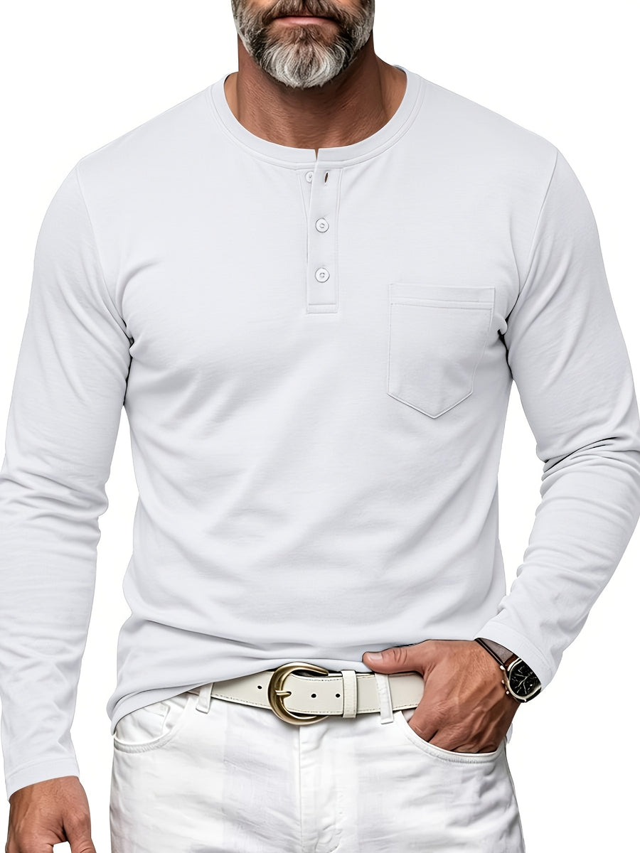 Men's Henley Neck Long Sleeve T-Shirt, Spring/Autumn Three-Button Casual Base Layer, Slim Fit Versatile Top with Left Chest Pocket - White