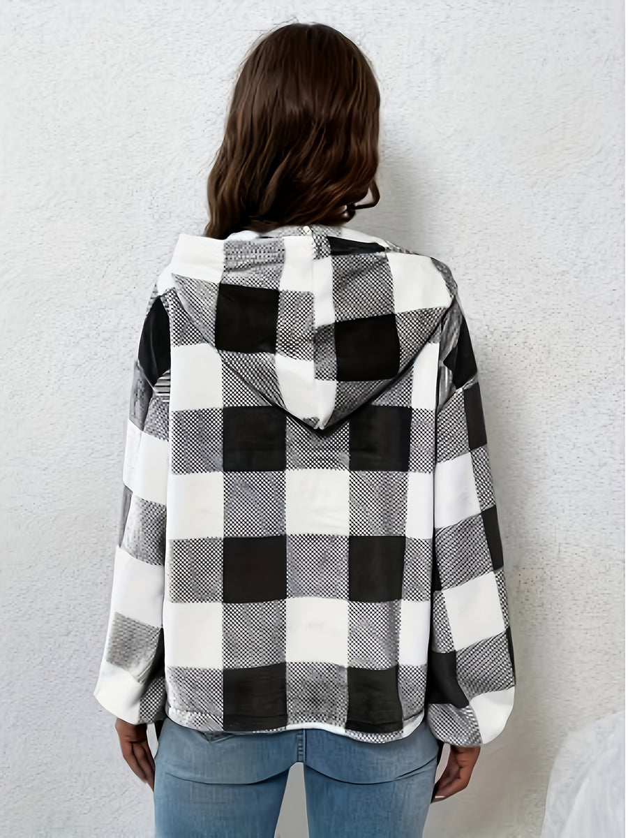 Autumn/Winter Classic Black and White Checkered Loose Fit Casual Hooded Women's Fashion Hoodie, Thickened Warm Versatile Sweatshirt Jacket - Mixed colors
