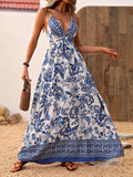 Women's Elegant Floral Print Deep V-Neck Cross-Back Long Dress - Lightweight 100% Polyester, Zipper Closure, Machine Washable, All-Season Versatile Formal & Casual Wear, Casual Elegant Attire | Floral Print Dress | Polyester Fabric, Floral Dress - Blue