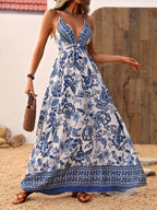 Women's Elegant Floral Print Deep V-Neck Cross-Back Long Dress - Lightweight 100% Polyester, Zipper Closure, Machine Washable, All-Season Versatile Formal & Casual Wear, Casual Elegant Attire | Floral Print Dress | Polyester Fabric, Floral Dress - Blue