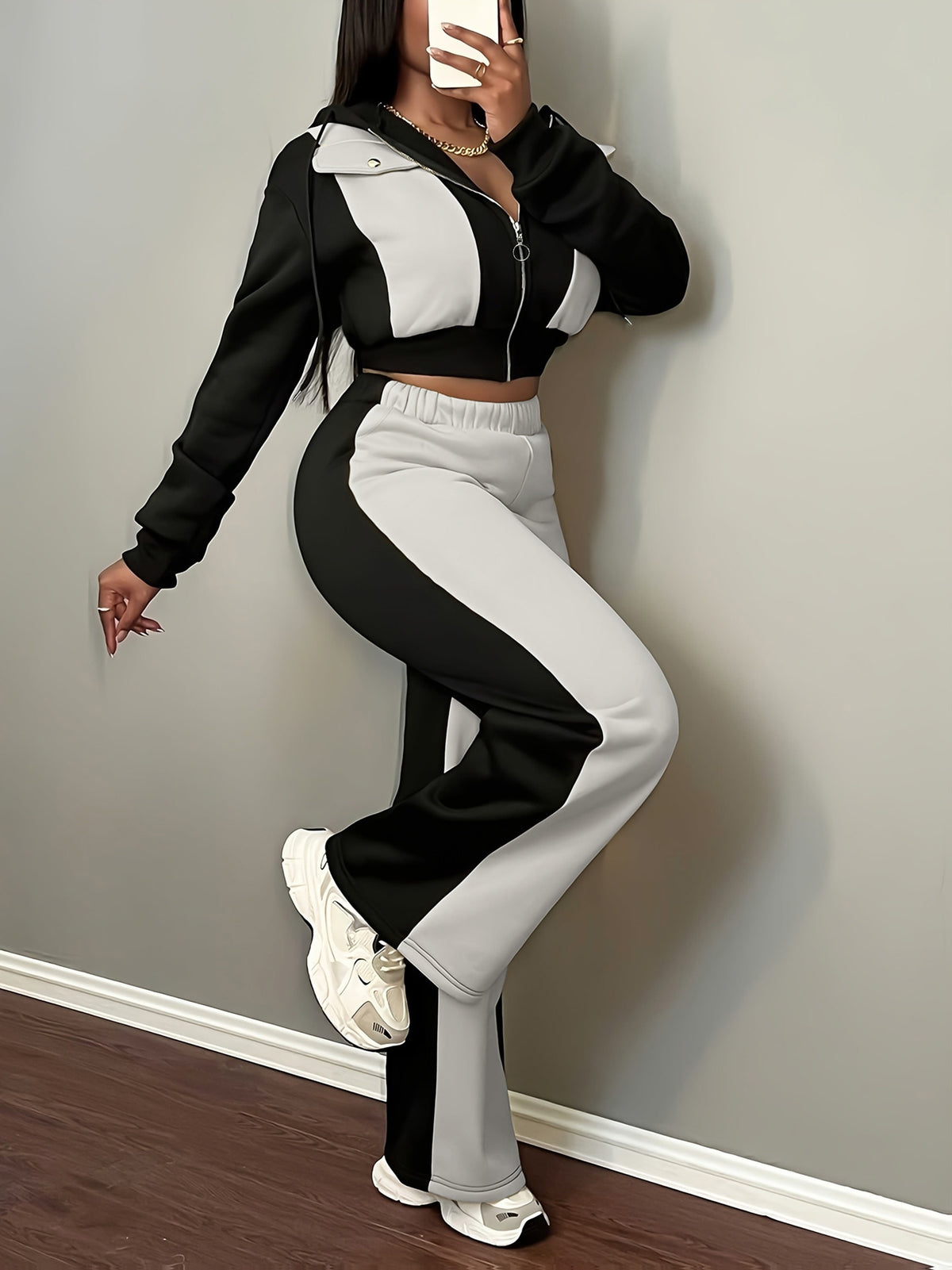 Autumn-Winter Fashion Color Block Hooded Sweatshirt and Pants Set - Black And White
