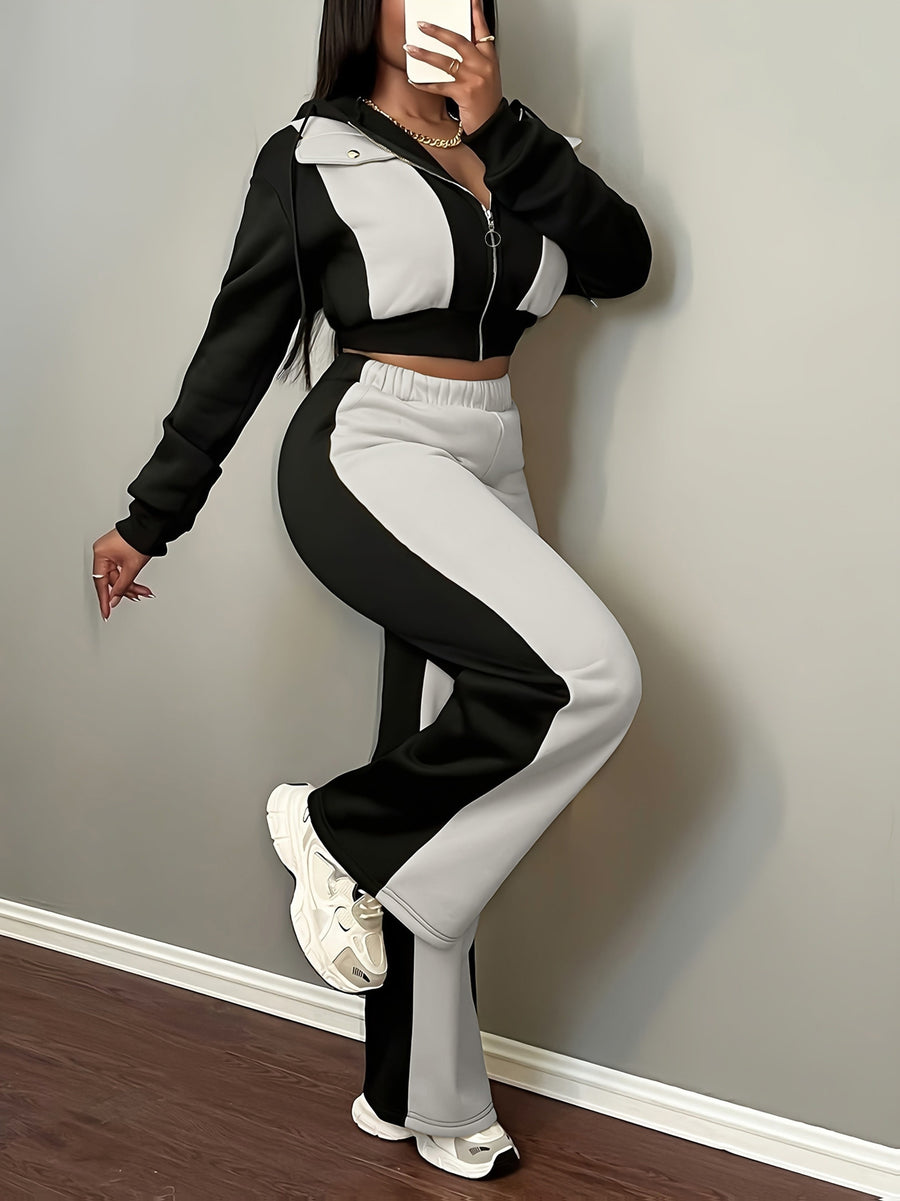 Autumn-Winter Fashion Color Block Hooded Sweatshirt and Pants Set - Black And White