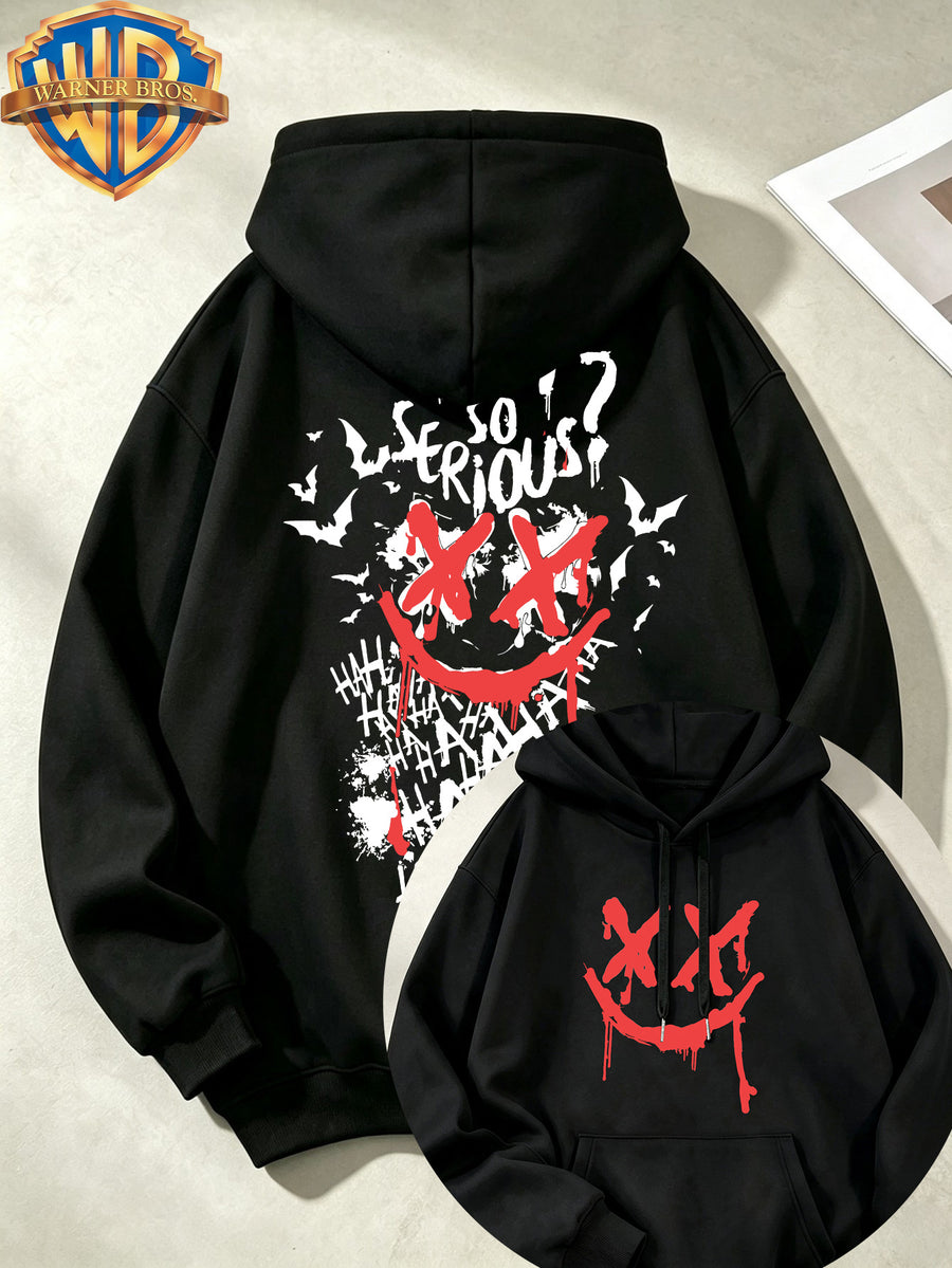 Joker Dark Graffiti Text Pattern Print Trendy Cool Casual All-Match Sports Drawstring Pocket Hooded Men'S Sweatshirt, Men'S Autumn Winter Cute Casual Style - Black