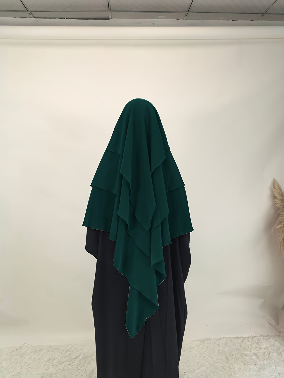 1pc Fashionable, Elegant and Casual Three-layer Chiffon Fabric Solid Color Suitable for Daily Wear, Loose and Comfortable Women's Abaya Headscarf, Women Wedding Robe Aid Femme Abayas for Women Muslim Jilbab Femme Khimar - Dark Green
