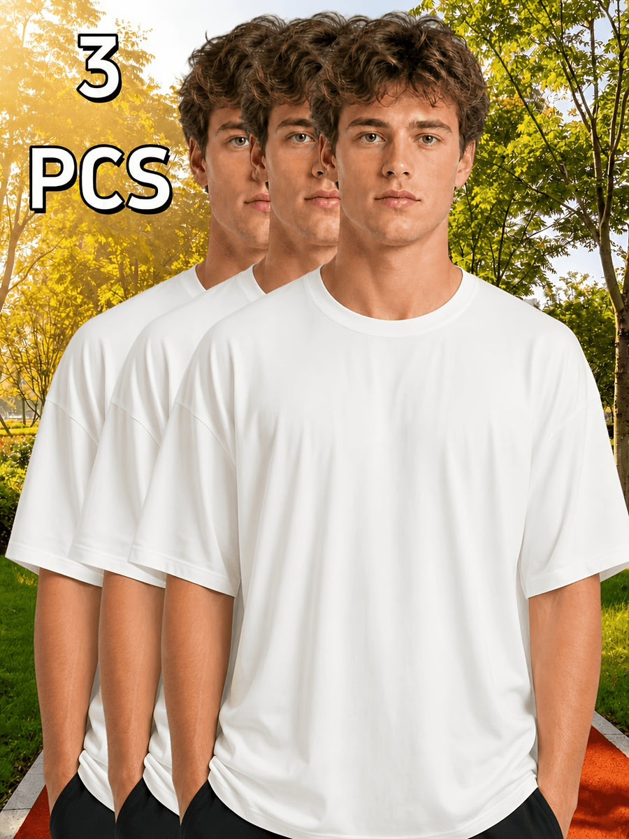 3pcs Set, Men'S White Short Sleeve T-Shirt, Soft Breathable Solid Color Round Neck Top, Casual Summer Loose Fit, Suitable for Daily Wear, Outdoor Walks, And Layering - White