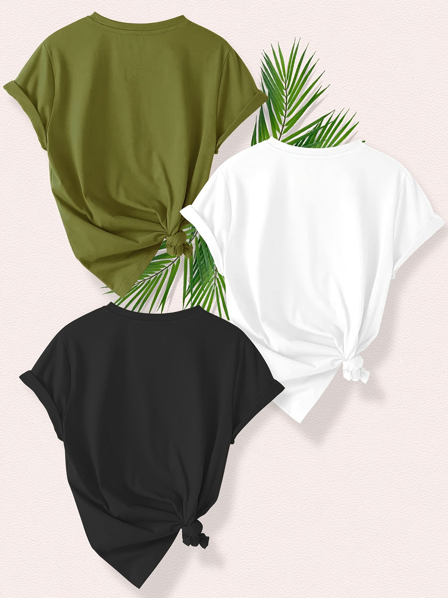 Smiling Letter Small Flower Series 3pcs Mixed Pack, Family Pack, Sisters Pack, Printed Fashion Vintage Style Women's Summer Casual Sporty Style Round Neck Short Sleeve T-Shirt, Multiple Colors Available, Sizes S-XXL - Black And White Army Green