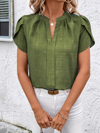 Elegant Petal Sleeve Notched V-Neck Shirt | Solid Color, Suitable for Spring/Summer/Fall - Olive Green