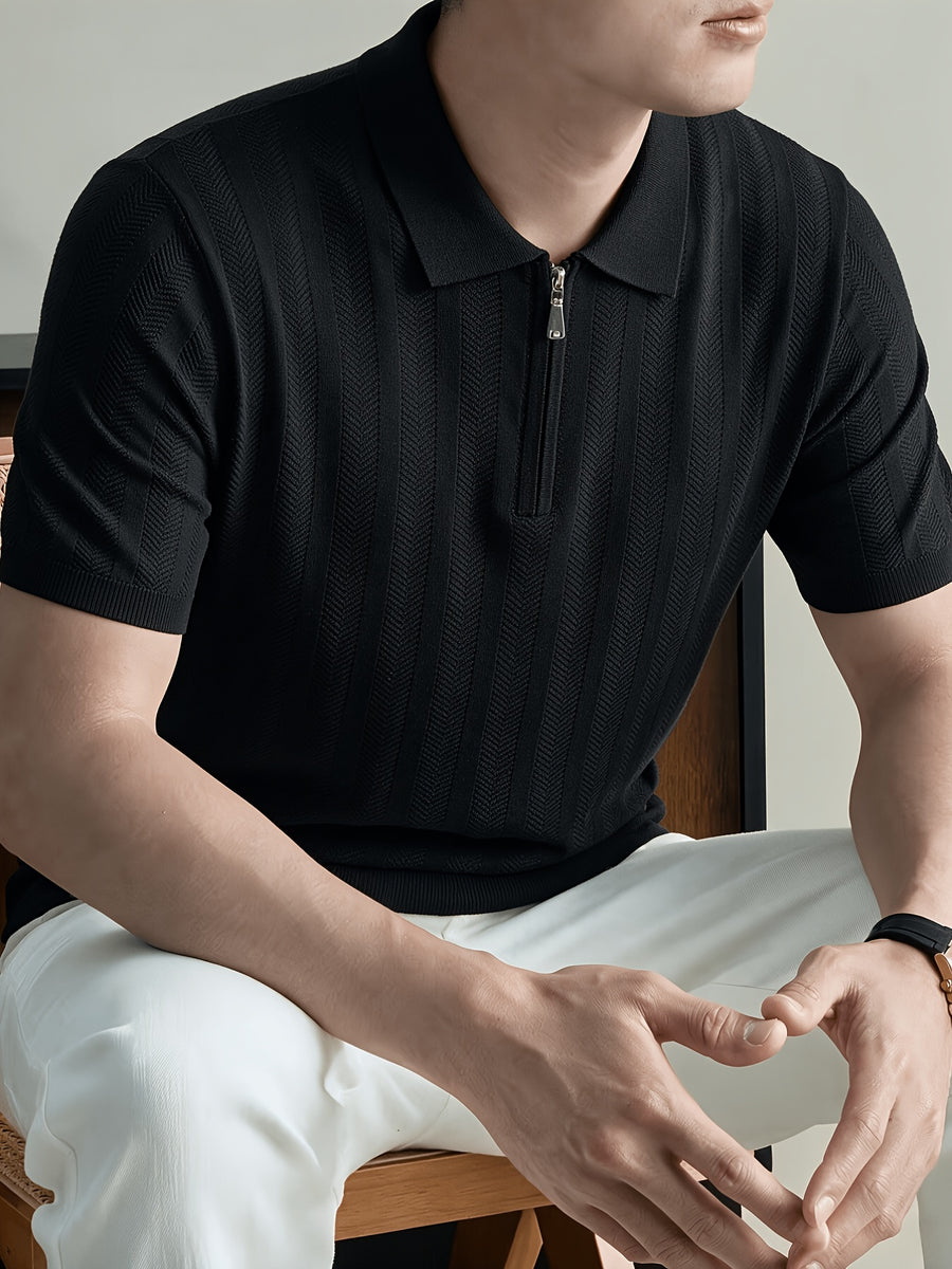 Brand Men'S Half-Zip Knitted Polo Shirt Short Sleeve Vertical Ribbed Texture Lapel Casual Summer Golf Polo Tee - Black