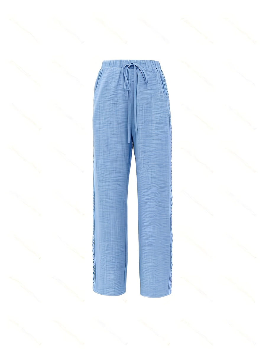 Spring-Summer Solid Color Fashion Casual Side Seam Lace Pants - Light Blue