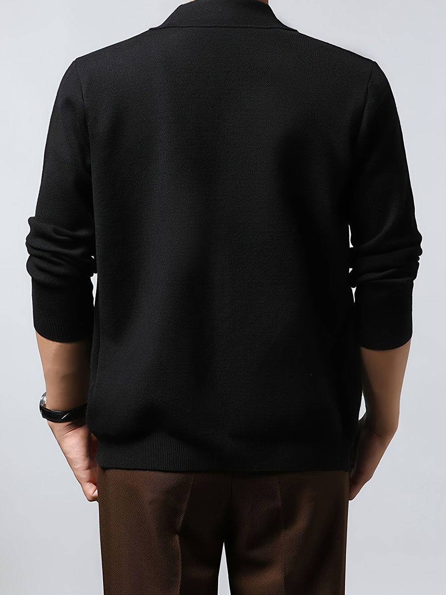 Men'S Lapel Full-Zip Long Sleeve Knit Jacket, Ribbed Cuffs And Hem, Autumn/Winter Style, Casual Commute Wear, Business Casual Style. - SINBOS - Black