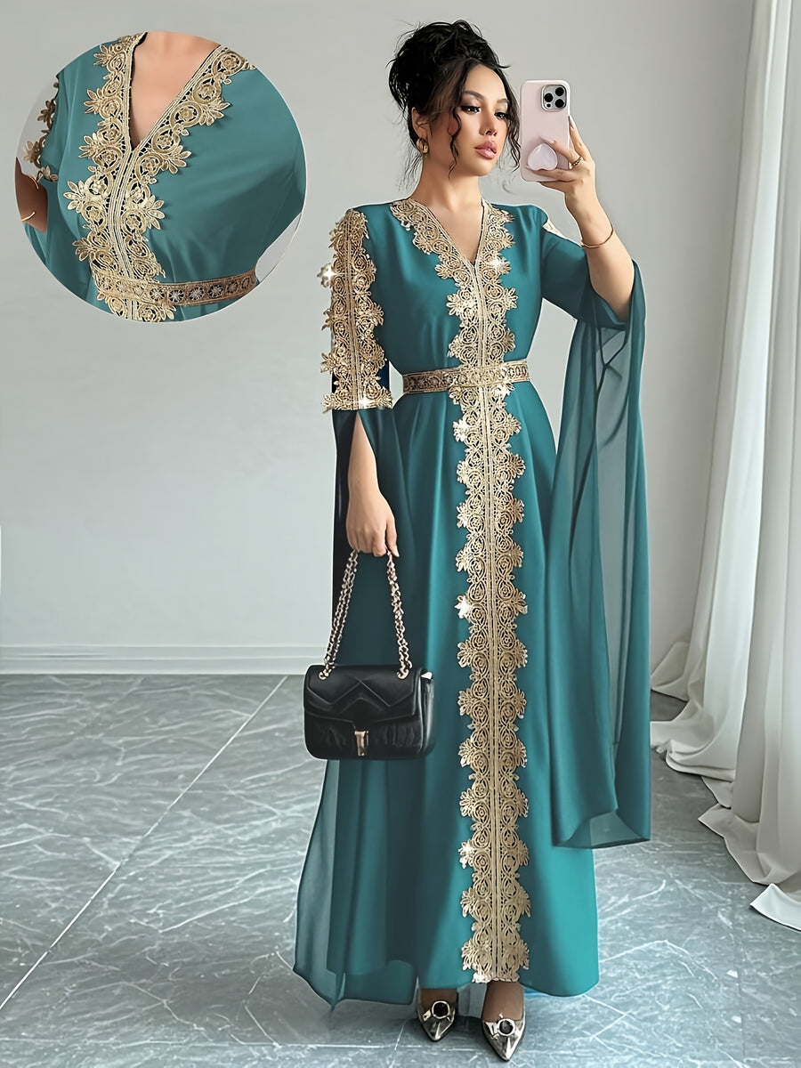 DJ0518185 Integrated Exquisite Golden Embroidery Mesh Outer Wrap Dress, Luxurious Elegant Temperament, "Golden Embroidery" Highlights Golden Embroidery Element - Green