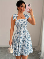 Elegant Women's Printed Back-Wrap Shoulder-Tie Bow Waist-Cinching Dress, Suitable for Dates, Parties, Gatherings, and Beach Vacations - Multicolor
