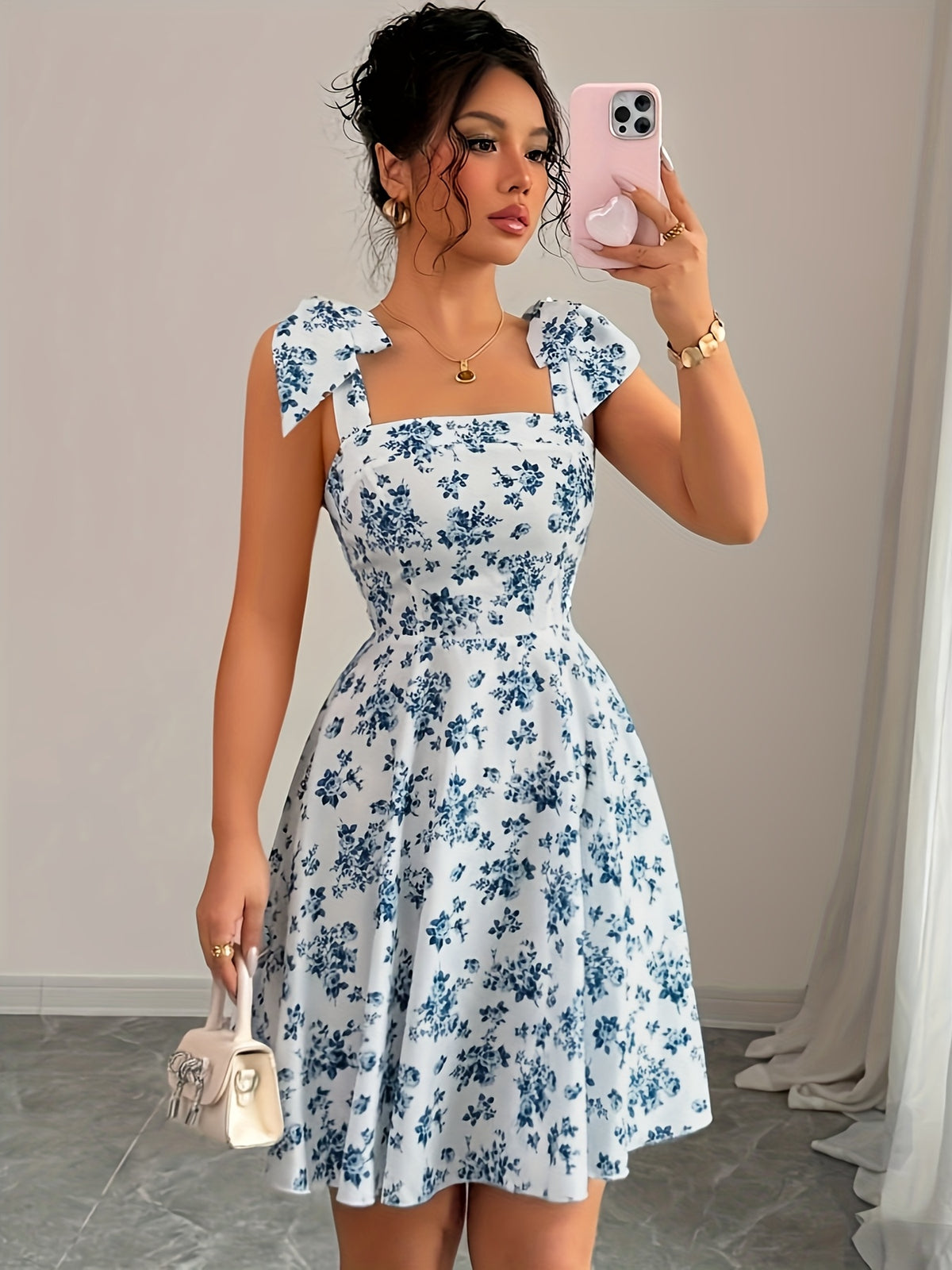 Elegant Women's Printed Back-Wrap Shoulder-Tie Bow Waist-Cinching Dress, Suitable for Dates, Parties, Gatherings, and Beach Vacations - Multicolor