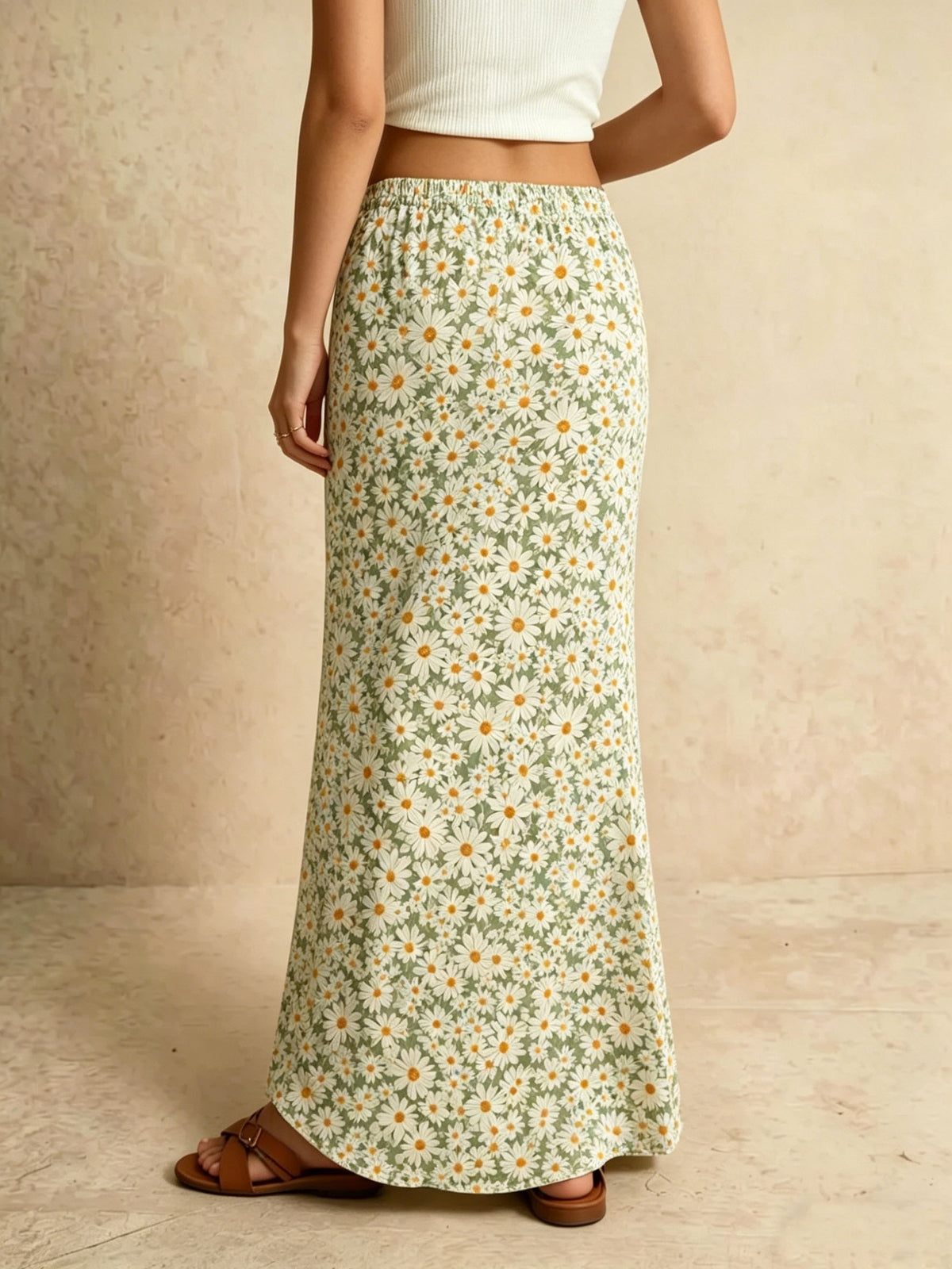 Women's Daisy Print High-Waisted Mermaid Skirt with Drawstring Elastic Waist, Draped and, Vacation Style Maxi Dress - Matcha Color