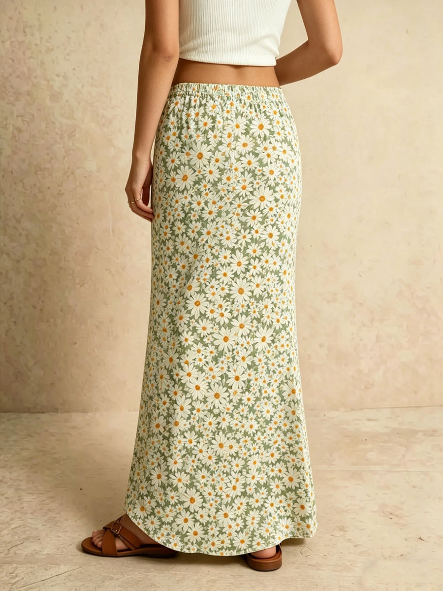 Women's Daisy Print High-Waisted Mermaid Skirt with Drawstring Elastic Waist, Draped and, Vacation Style Maxi Dress - Matcha Color