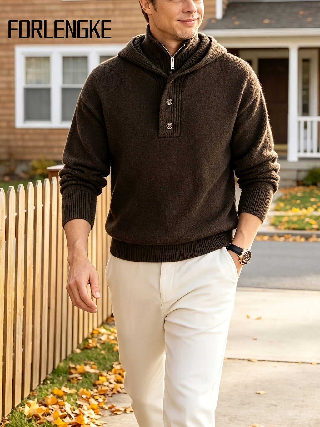 FORLENGKE Men'S Intercity Lightweight Travel Wind Hooded Double Placket Knit Top, Zipper Button-Up Dual Adjustable Style Flexible, Autumn Winter Short Distance Travel Self-Driving Roaming Golf Sports Outdoor Camping Casual Outerwear Top - Coffee Color