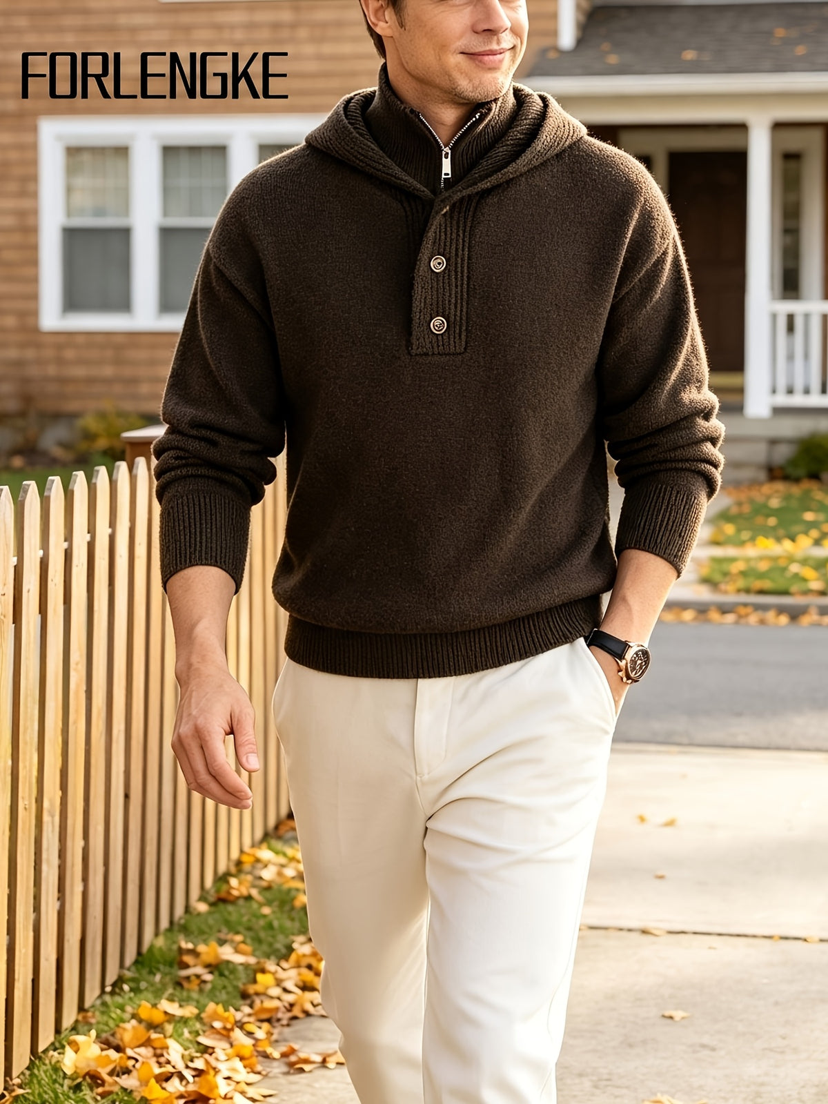FORLENGKE Men'S Intercity Lightweight Travel Wind Hooded Double Placket Knit Top, Zipper Button-Up Dual Adjustable Style Flexible, Autumn Winter Short Distance Travel Self-Driving Roaming Golf Sports Outdoor Camping Casual Outerwear Top - Coffee Color