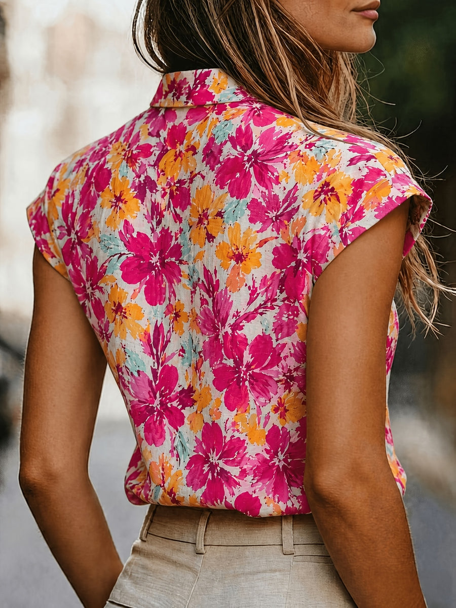 Women'S Elegant Fashion Floral Print V-Neck Commuter Shirt - Rose Red