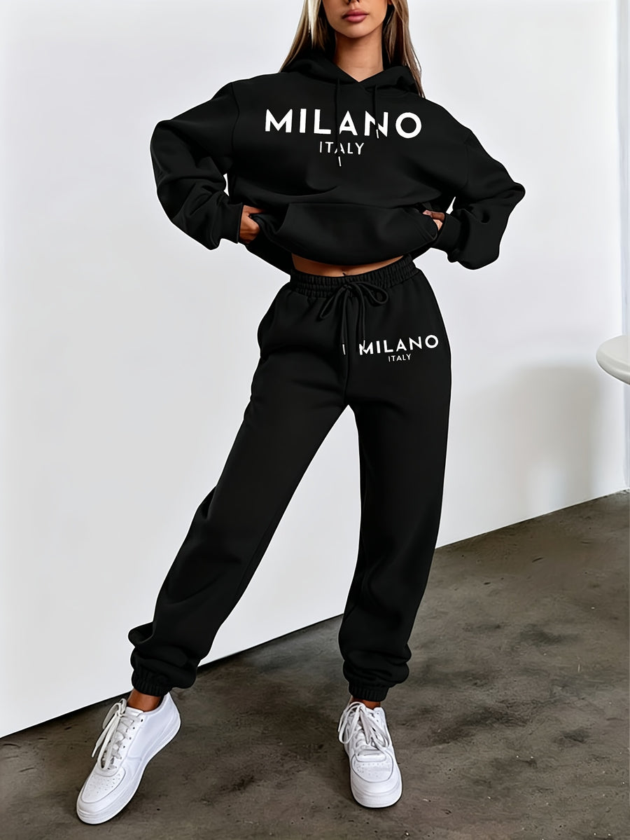 Autumn Winter Trendy Fashion Hooded Drawstring Sweatshirt And Sweatpants Women'S Set Hooded Drawstring Design, Sweatshirt with Kangaroo Pocket on Front Cold Weather Comfortable Outfit, Classic Silhouette - Black