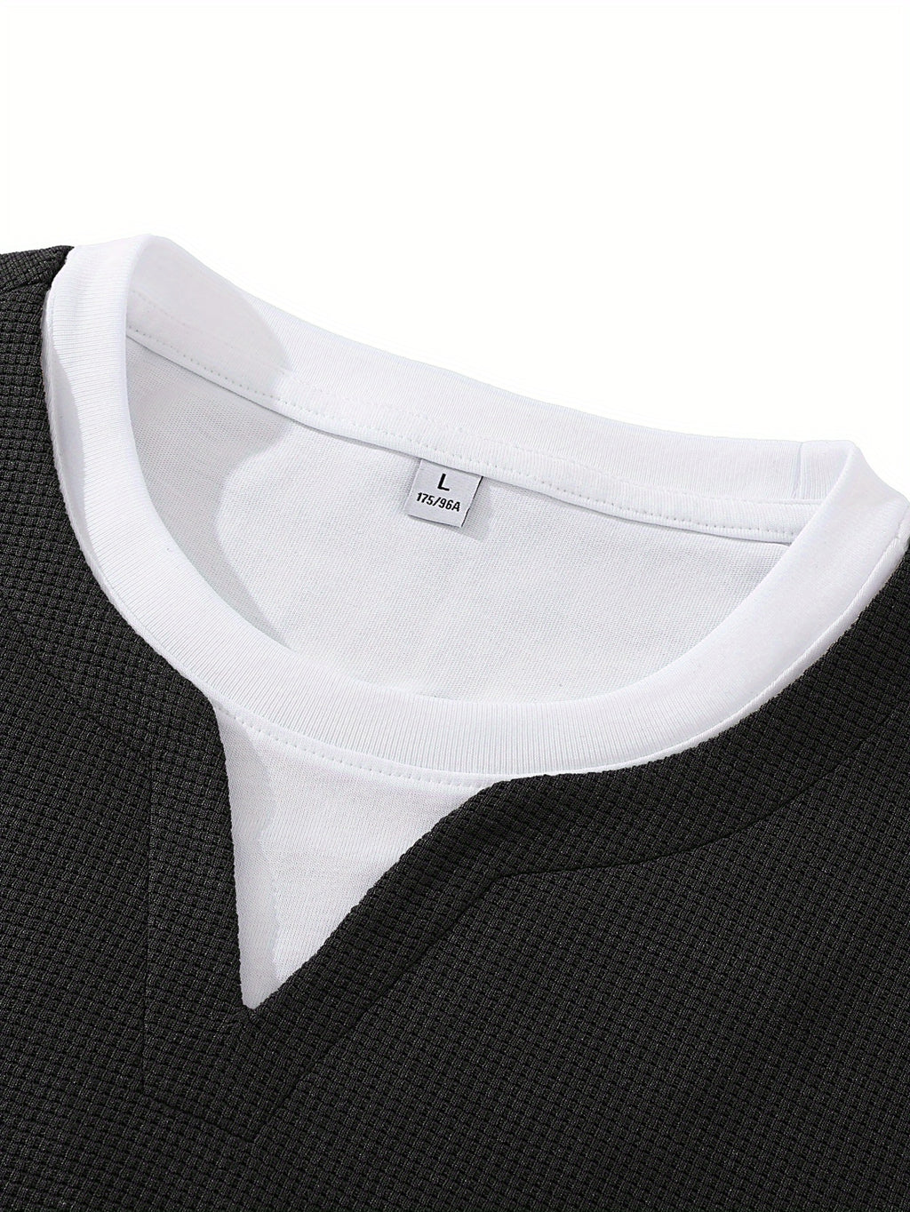 Men's Long-Sleeve T-Shirt, New Spring/Autumn Waffle Knit Fabric Top, 2-in-1 Look Design, Crew Neck Solid Color Base Layer Shirt - Black