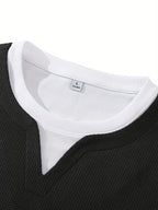 Men's Long-Sleeve T-Shirt, New Spring/Autumn Waffle Knit Fabric Top, 2-in-1 Look Design, Crew Neck Solid Color Base Layer Shirt - Black