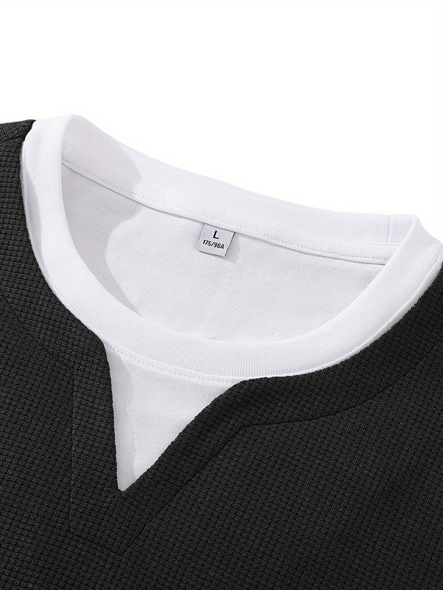 Men's Long-Sleeve T-Shirt, New Spring/Autumn Waffle Knit Fabric Top, 2-in-1 Look Design, Crew Neck Solid Color Base Layer Shirt - Black