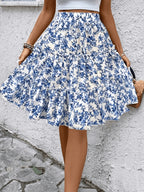 Elastic Waist Printed Tiered A-Line Skirt - Blue