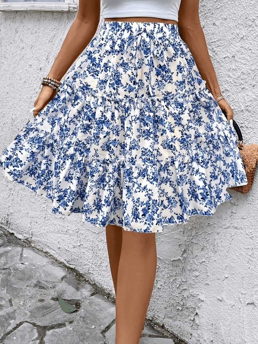 Elastic Waist Printed Tiered A-Line Skirt - Blue