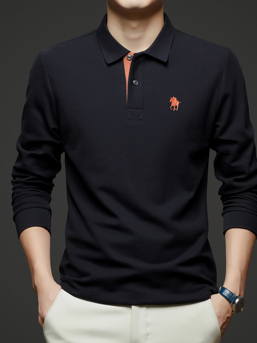 [Saa Xing OBM] 1pc Spring/Autumn New Men'S Polo Shirt, Solid Color Embroidered Half-Button Placket Single-Button Polo Collar Long Sleeve Men'S Fashion Versatile Pullover Base Layer Top, Classic Design, Suitable for Spring, Autumn, Wear - Navy