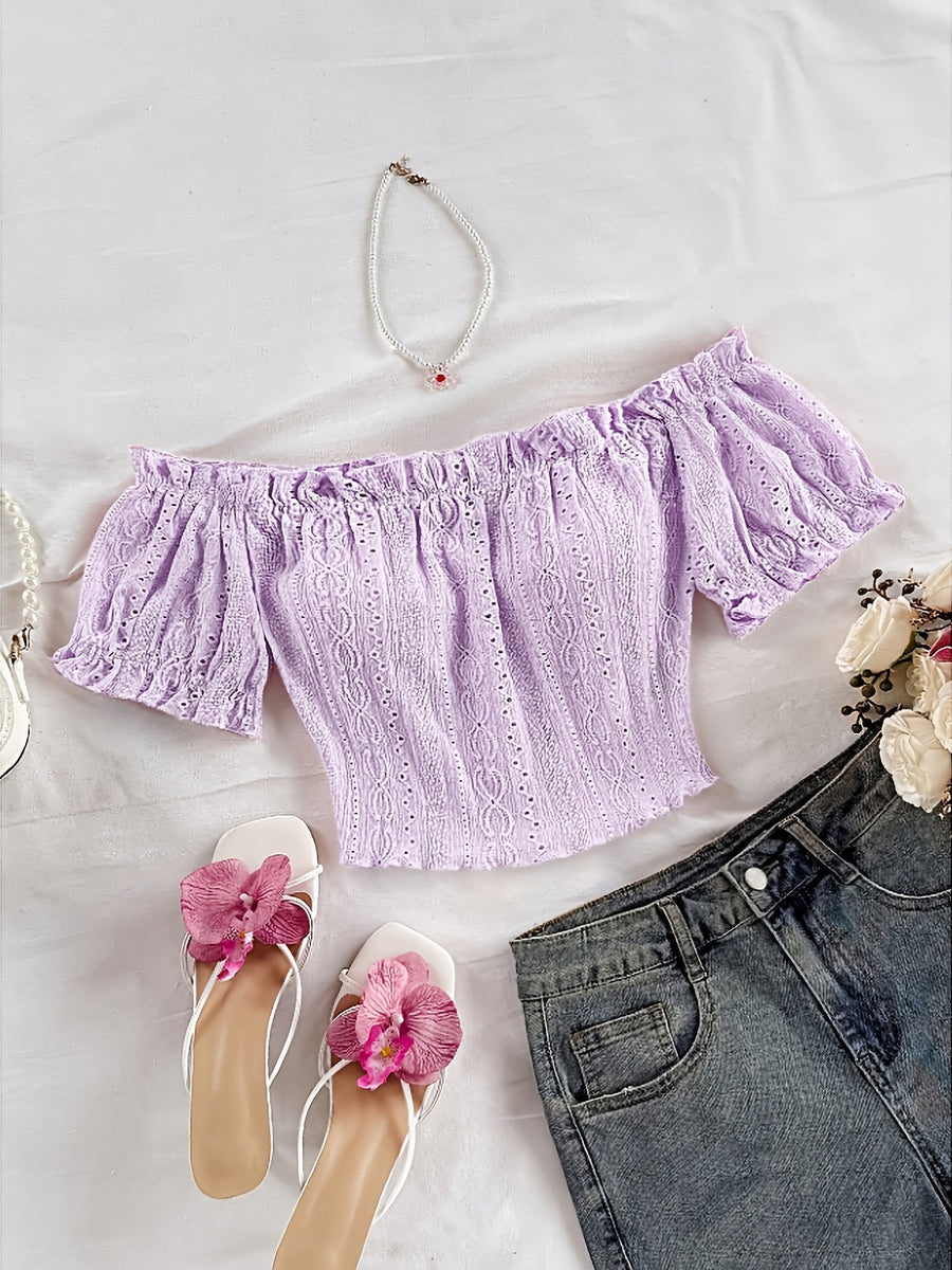 Women'S Bohemian Style Romantic Floral Vacation Style Floral Pattern Crop Off-Shoulder Top, Suitable for Daily Vacation Wear - Light Purple