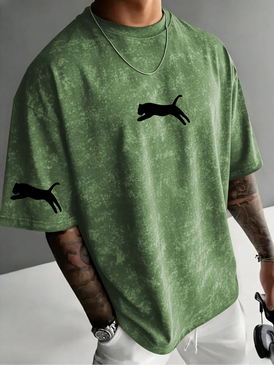 American Retro Distressed Short Sleeve T-Shirt, Men'S Trendy Cheetah Print Regular Oversize Street Casual Top - Green