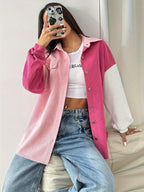 Women's Casual Oversized Color Block Long Sleeve Jacket with Square Neck, Woven Polyester, Solid Color, Pocket Detail - All Seasons - Mixed colors