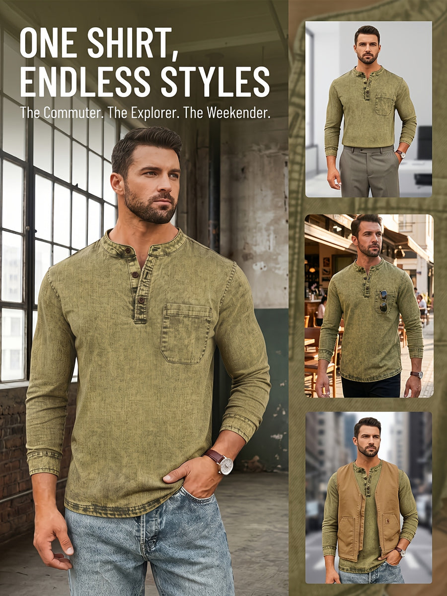 Men's Vintage Distressed Denim Shirt with Henry Collar, Long Sleeve Casual Workwear Top with Pockets, Heavyweight Hand-Washed Vintage - Matcha Color