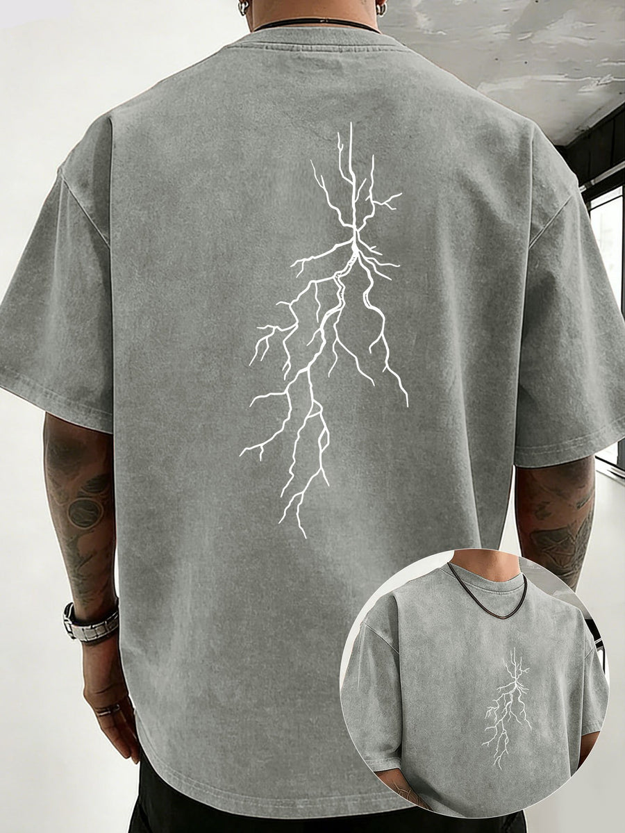Men 100% Washed Distressed Crew Neck Short-Sleeve T-Shirt, Sketch Lightning Graphic Position Double-Sided Print, Trendy Loose Casual Tee Tops, 12 Colors Available - Grey