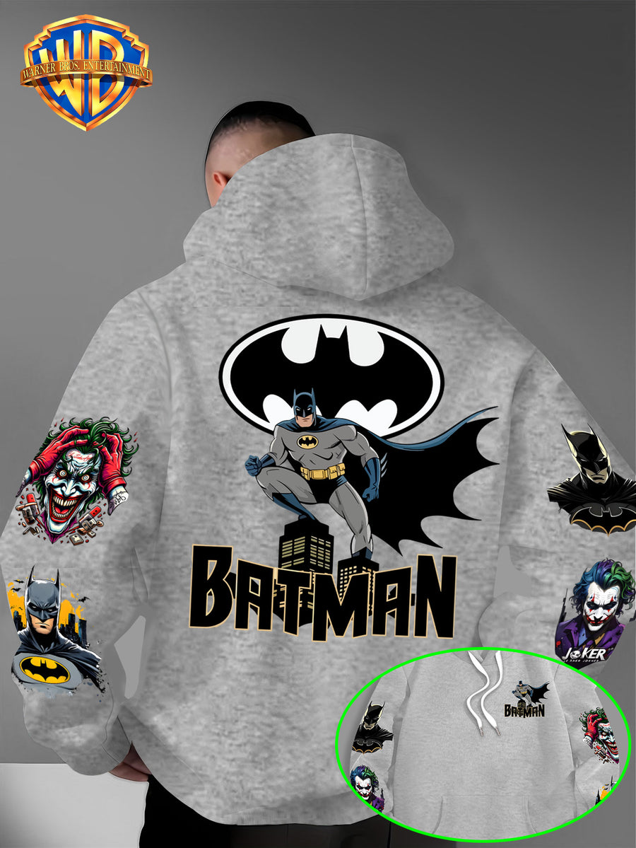 DC Batman Joker IP Official Hooded Sweatshirt with Gotham Crouching Batman on the Back + Bat Logo Themed Print, Drawstring Loose Hoodie, Wear-Resistant and Wash-Resistant Autumn/Winter Trendy Top - Light Grey