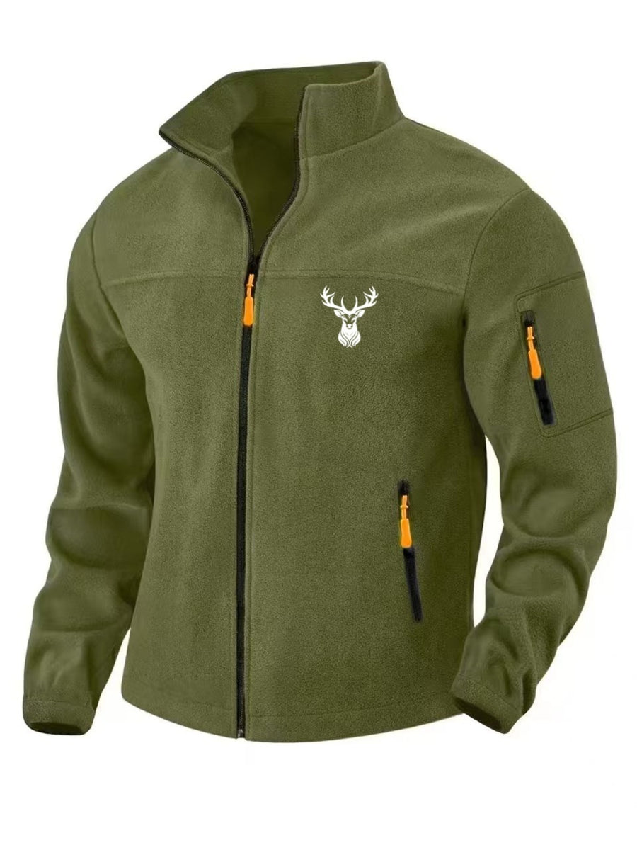 Men'S Autumn Winter Trendy Outdoor Fleece Jacket, Easy Deer Head Print Design, Multi-Zipper Storage Pockets, Suitable for Middle-Aged And Young Adults, Mountaineering Fishing Daily Commuting All-Match Cargo Jacket Top - Army Green 1