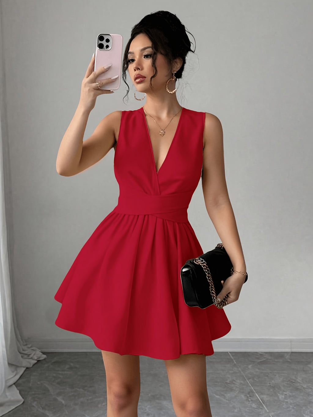 Women'S Romantic Elegant Sexy Wedding Guest Style Wearable Cross V-Neck Sleeveless A-Line Mini Dress - Red
