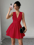 Women'S Romantic Elegant Sexy Wedding Guest Style Wearable Cross V-Neck Sleeveless A-Line Mini Dress - Red