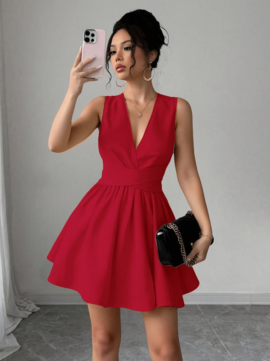 Women'S Romantic Elegant Sexy Wedding Guest Style Wearable Cross V-Neck Sleeveless A-Line Mini Dress - Red
