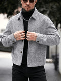 Fashionable Men's Winter Black and White Vertical Stripe Short Tweed Jacket, Streetwear Casual Lapel Single-Breasted Vintage Tartan Utility Coat - Black And White Stripes