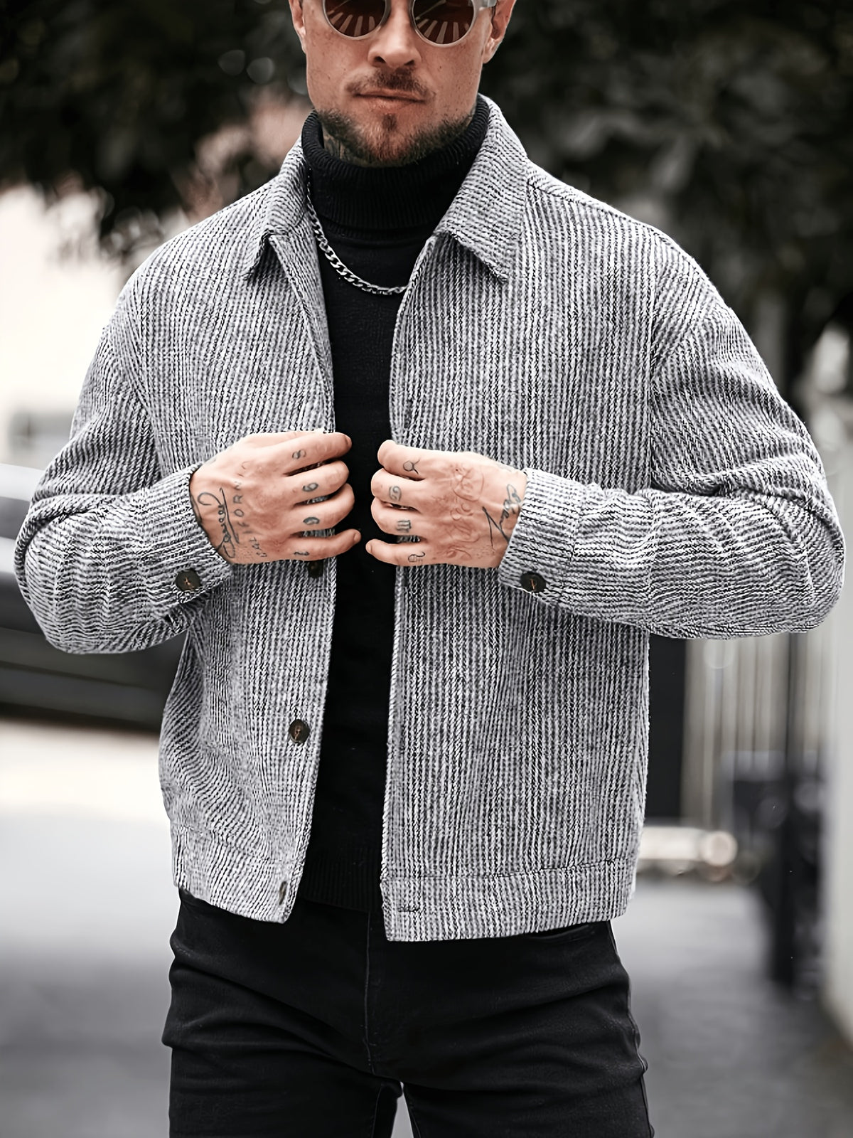 Fashionable Men's Winter Black and White Vertical Stripe Short Tweed Jacket, Streetwear Casual Lapel Single-Breasted Vintage Tartan Utility Coat - Black And White Stripes