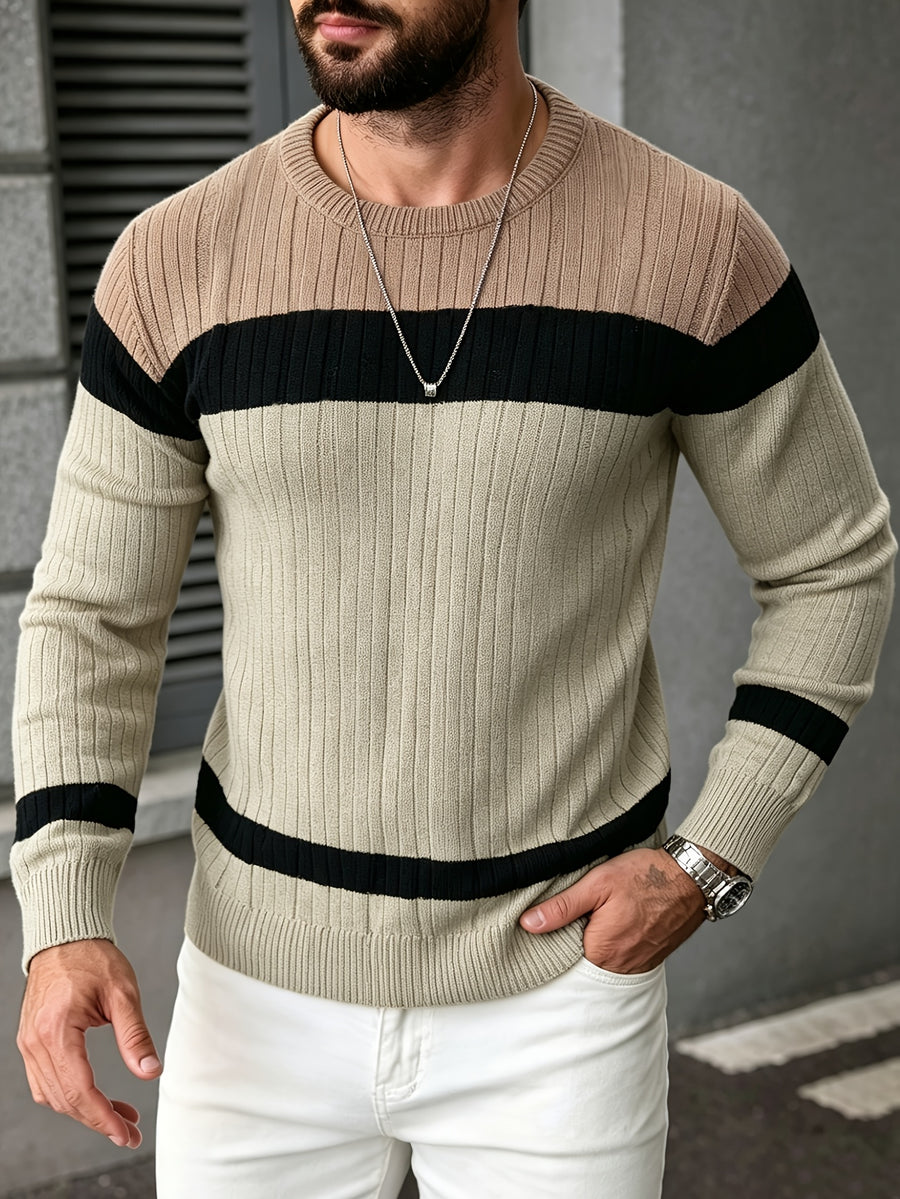 Men'S Color-Block Round Neck Long Sleeve Sweater, Soft Knit Top for Autumn And Winter, Casual Blouse - Khaki
