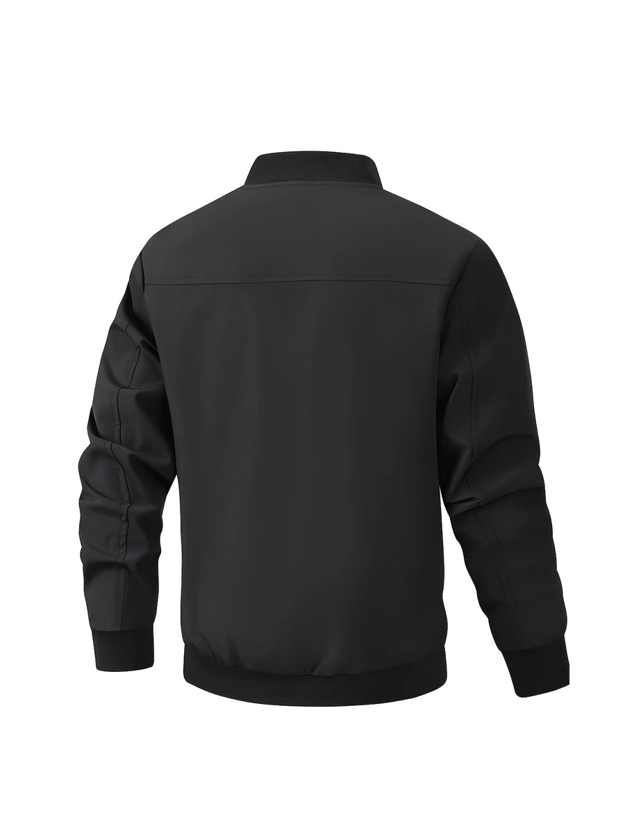 Holiday Gift Choice for Dad 1pc Men'S Black Windproof Solid Polo Metal Zipper Head Slant Pocket Biker Style Spring Autumn Slim Fit Commuter Casual Jacket - Black