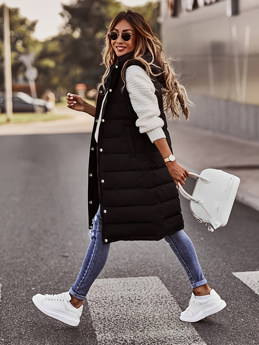 Women'S Stand-Up Collar Hooded Mid-Length Warm Quilted Vest Jacket, Double-Ended Zipper Design, Outer Placket Button Structure, Sleeveless Slim Fit, Lightweight And Comfortable, with Practical Pockets - Black