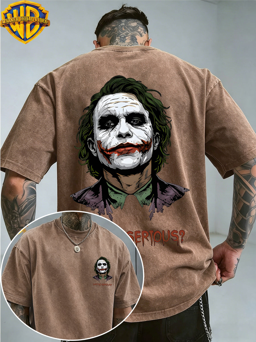 Warner Genuine Authorization, Men's Short Sleeved Heath Ledger Clown Print Pattern, American Retro Washed Distressed T-shirt, Suitable for Outdoor Sports, Daily Commuting, Machine Washable - Coffee Brown