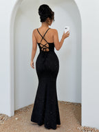 Black Glitter Spaghetti Strap Dress with Crisscross Lace-Up Back - Mermaid Maxi Evening Gown - Black
