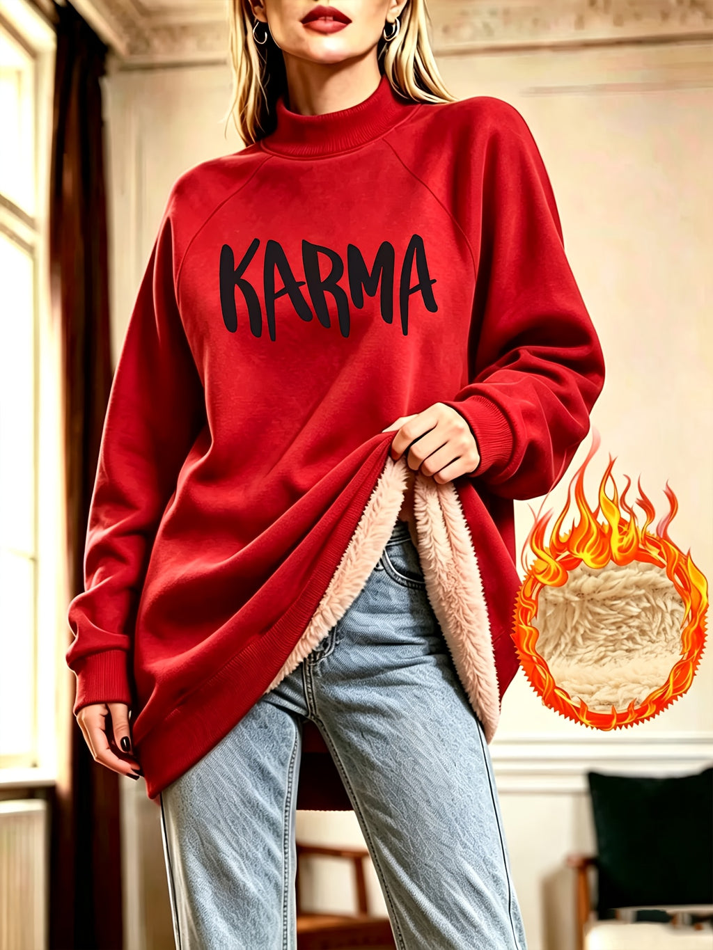 Easy KARMA Letter Print Mock Neck Long Sleeve Fleece Sweatshirt Women'S Fall Winter Casual Sweatshirt Dress - Red