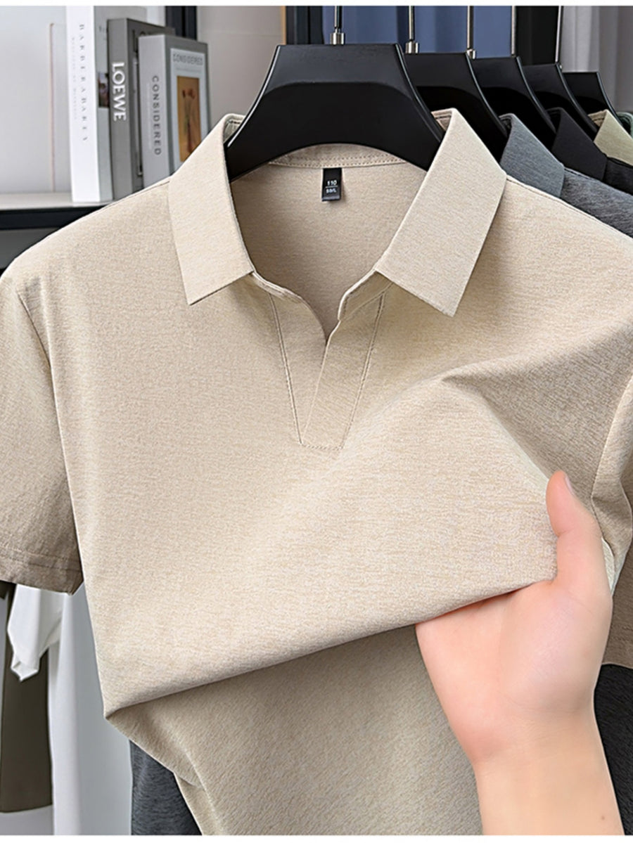 Summer New V-Neck Open Collar Chinese Style Short Sleeve Men'S T-Shirt, Cool Casual All-Match Thin Men'S Top, Refreshing Quick-Dry, Durable And Skin-Friendly Clothing BD58666 - Black